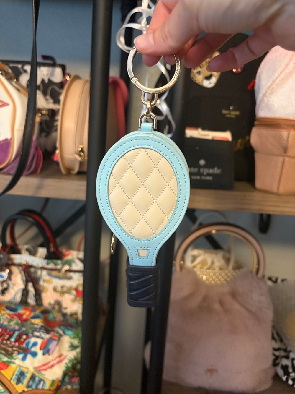 kate spade Quilted Tennis Racket Key Fob in Light Blue, Cream & Navy